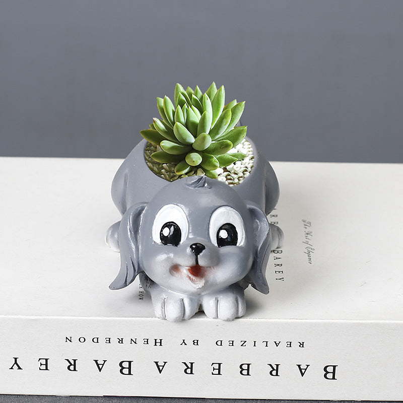 Resin Grey Puppy Plant Pots Creative Mini Animal Planters Indoor Flowerpots