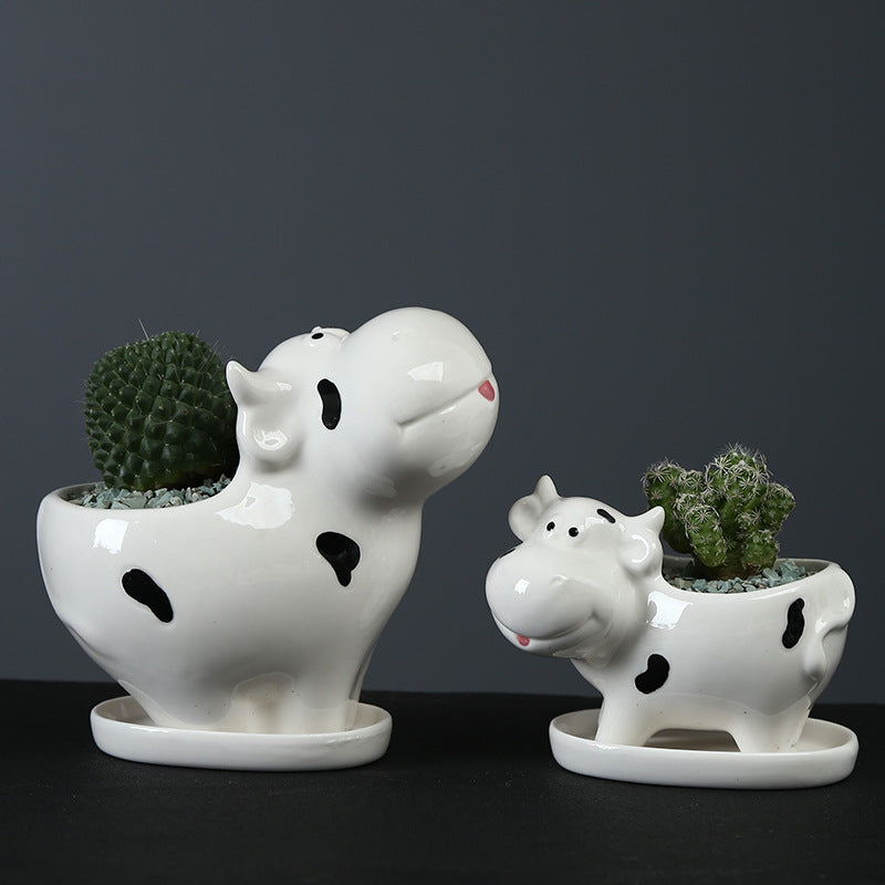 Mini White Baby Cow Plant Pot Creative Succulent Indoor Planter With Saucer