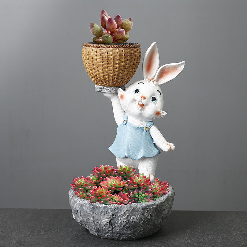 Blue Clothes White Bunny Lifting Basket Resin Plant Pots Lovely Creative Planters