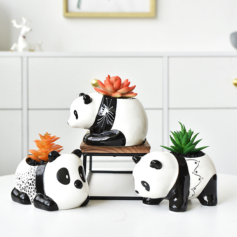 White Mini Cute Panda Glazed Plant Pot , Model 3