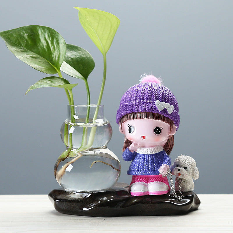 Female Doll Lead Puppy Hydroponic Pot Creative Plant Terrarium Plant Lover Gifts