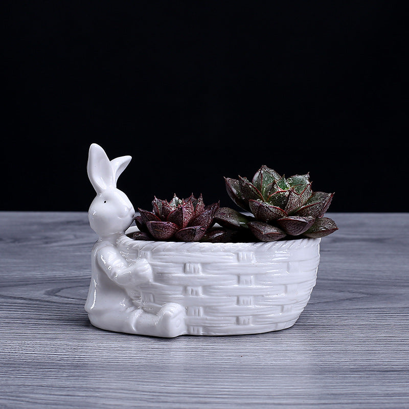 White Bunny With Basket Plant Pot Cute Succulent Planter Home Garden Decor