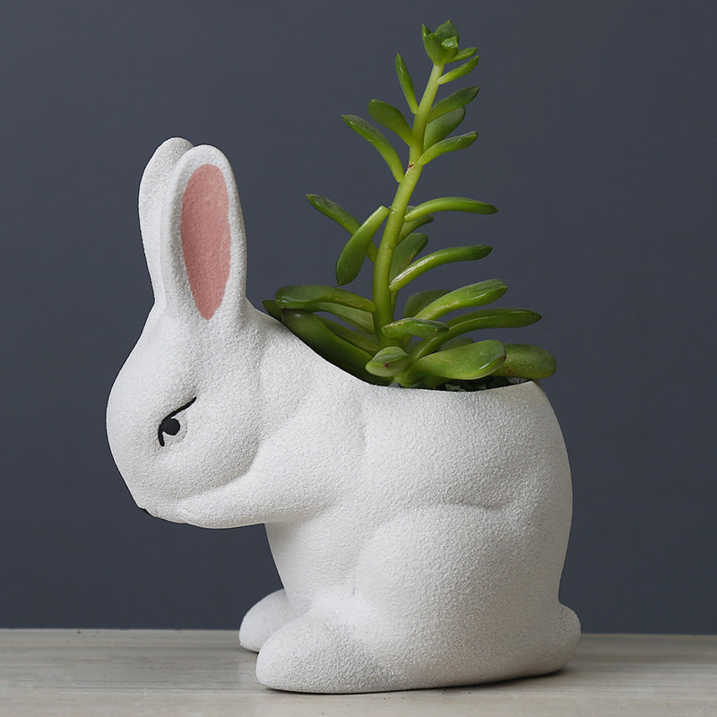 White Frosted Rabbit Plant Pot Lovely Creative Planter Home Office Decor