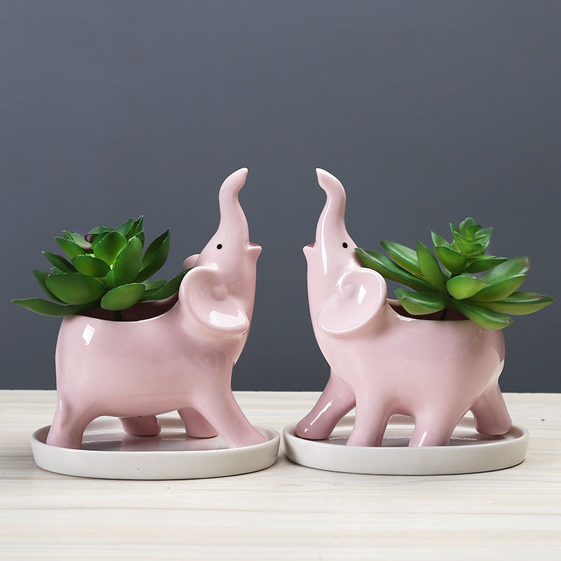 Pink Elephant Plant Pot WIth Tray Creative Succulent Planter Home Office Decor