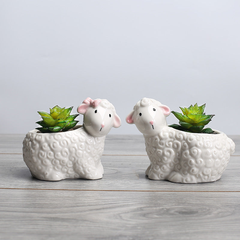 White Female Sheep Plant Pot Indoor Creative Planter Mini Animal Flowerpot