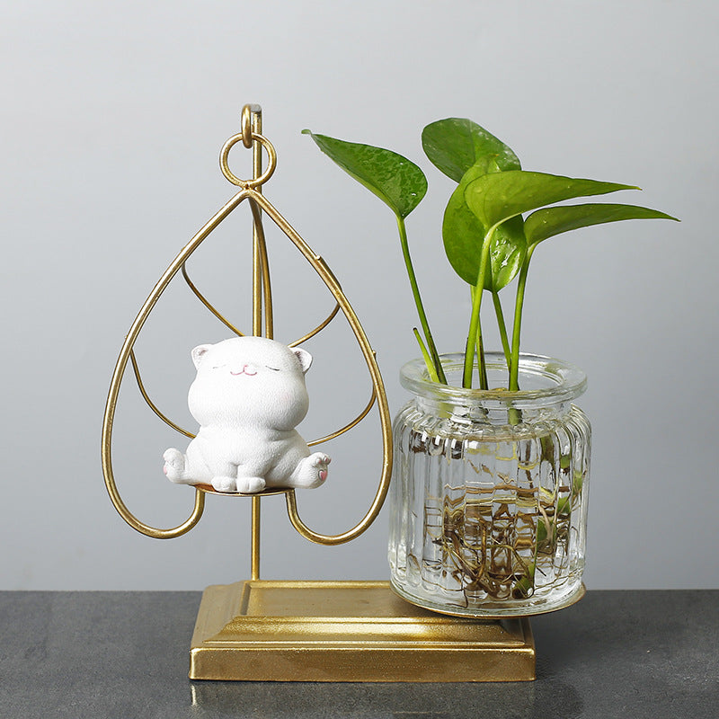 Gold-Plated Swing Cat Wrought Iron Terrarium Pot Hydroponic Plant Pots