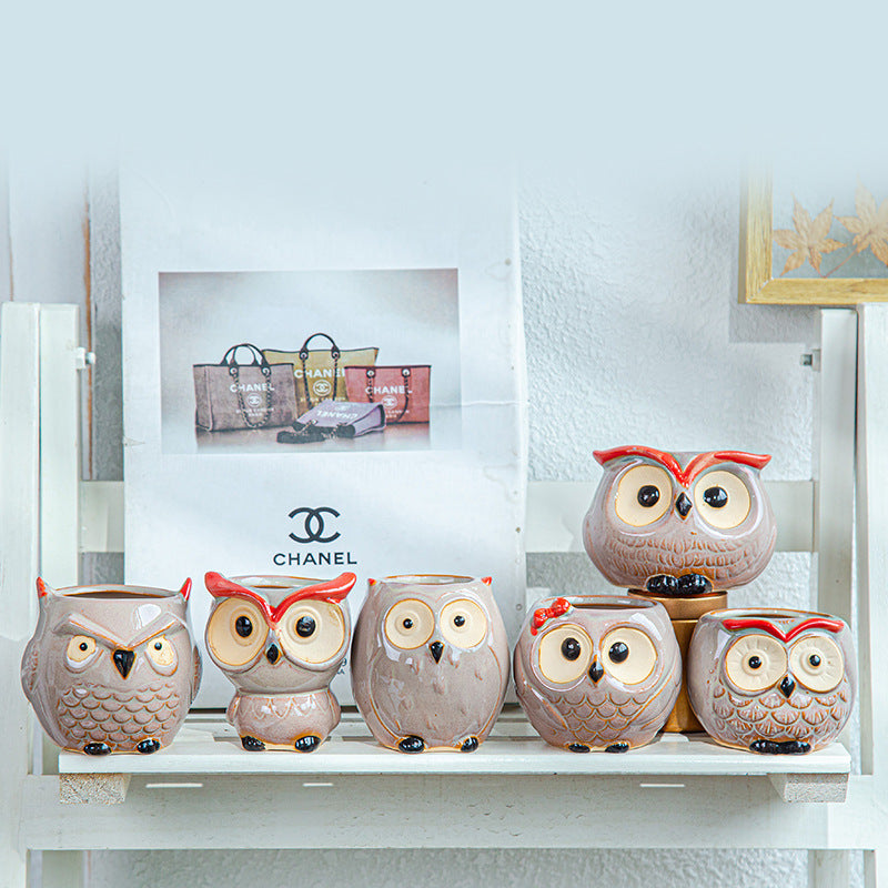 Brown Owl Glazed Plant Pot , Red Hair Clip