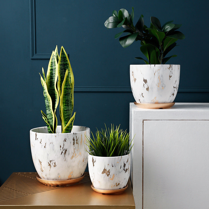 White Golden Texture Round Plant Pots Indoor Flowerpots Planters