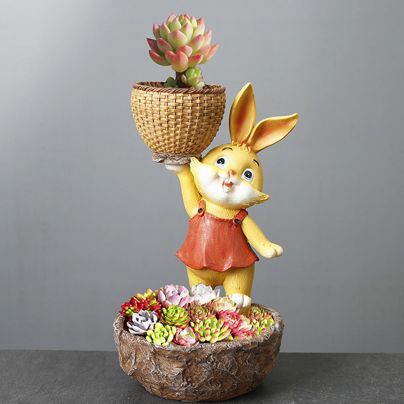 Orange Clothes Yellow Bunny Lifting Basket Resin Plant Pots Lovely Creative Planters