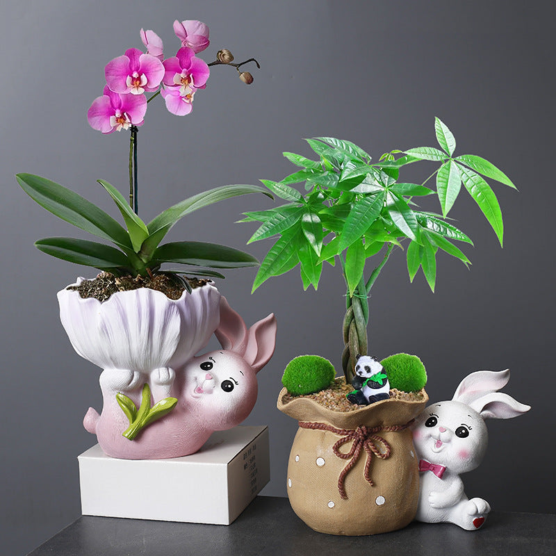 Pink Bunny Holding Flower Resin Plant Pots Succulent Planters Birthday Gifts