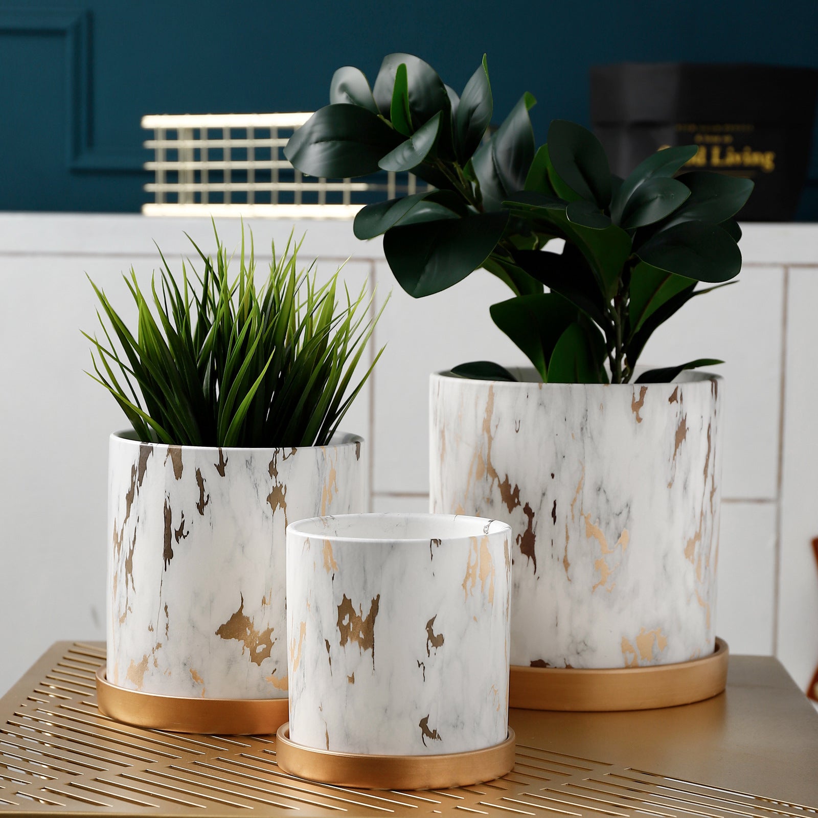 White Golden Texture Cylinder Plant Pots Indoor Flowerpots Planters