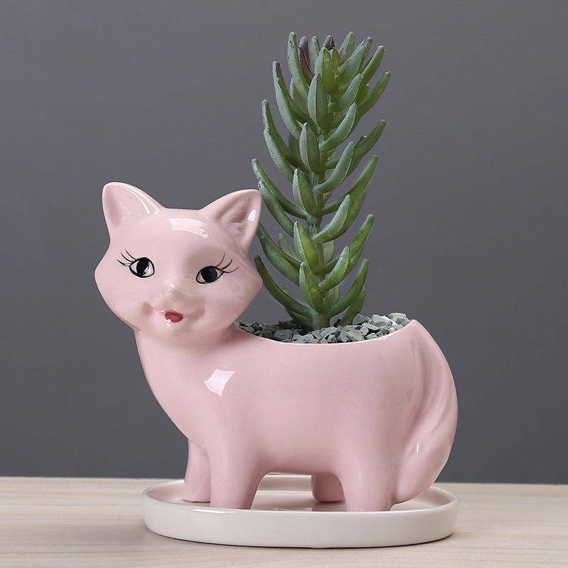 Lovely Pink Fox Plant Pot With Tray Decorative Succulent Planter Birthday Gift