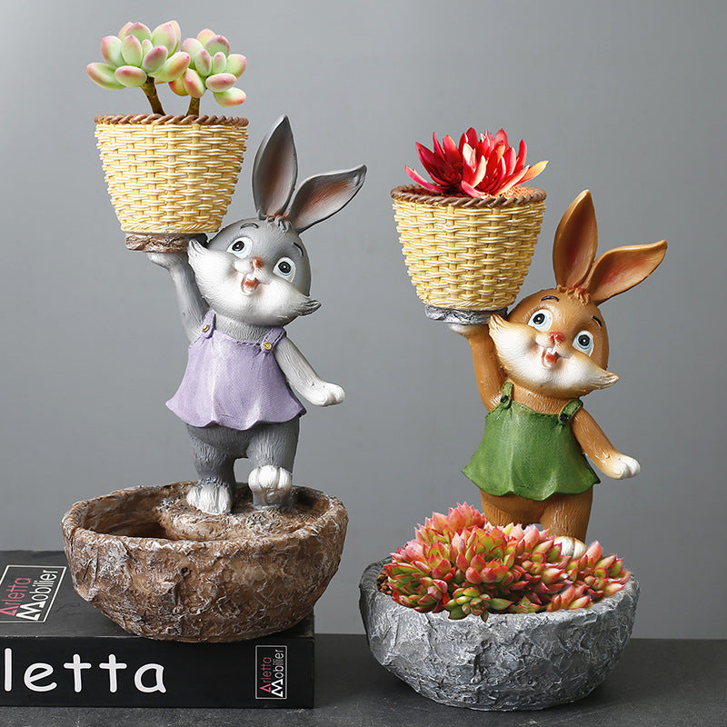 Green Clothes Brown Bunny Lifting Basket Resin Plant Pots Lovely Creative Planters