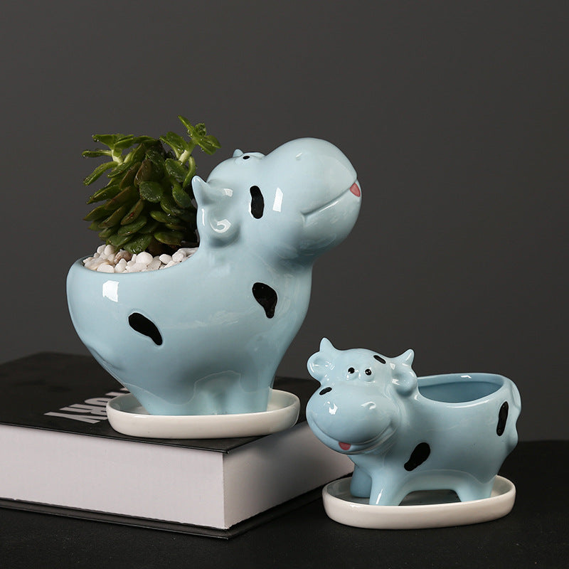 Mini Blue Cow Plant Pot Creative Succulent Indoor Planter With Saucer