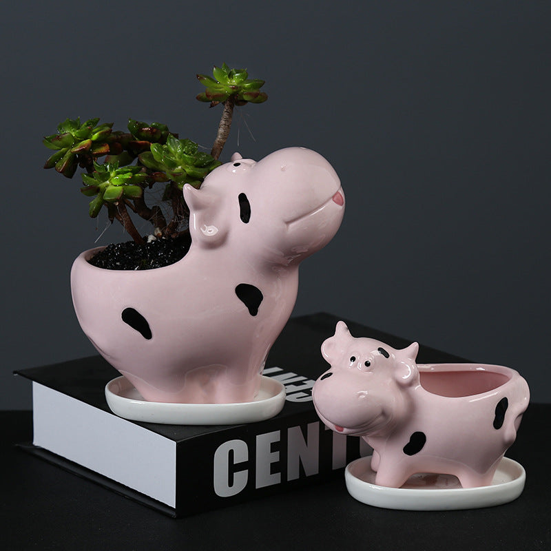 Mini Pink Cow Plant Pot Creative Succulent Indoor Planter With Saucer