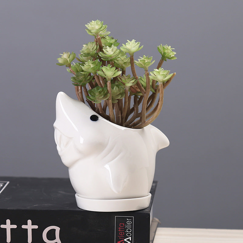 White Dolphin With Tray Creative Animal Indoor Planter, Model 2