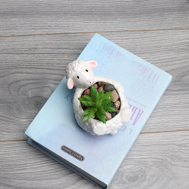 White Playful Sheep Plant Pot Indoor Creative Planter Mini Animal Flowerpot