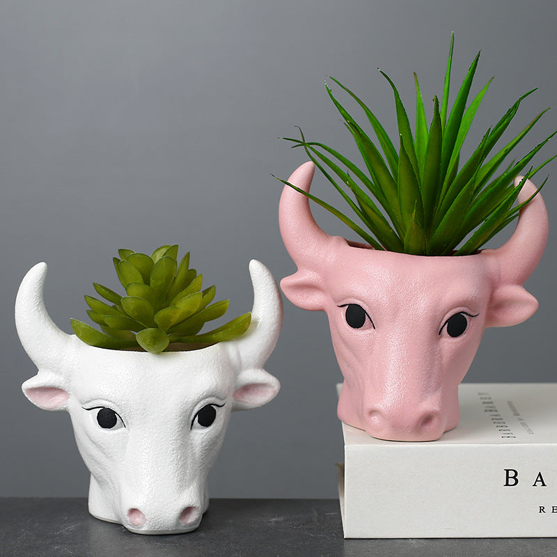 Pink Bull Plant Pot Ornament Indoor Planter Home Garden Decor