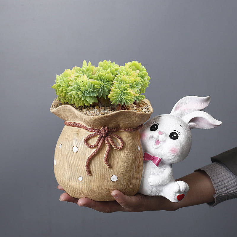 White Bunny Holding Cloth Bag Resin Plant Pots Succulent Planters Birthday Gifts