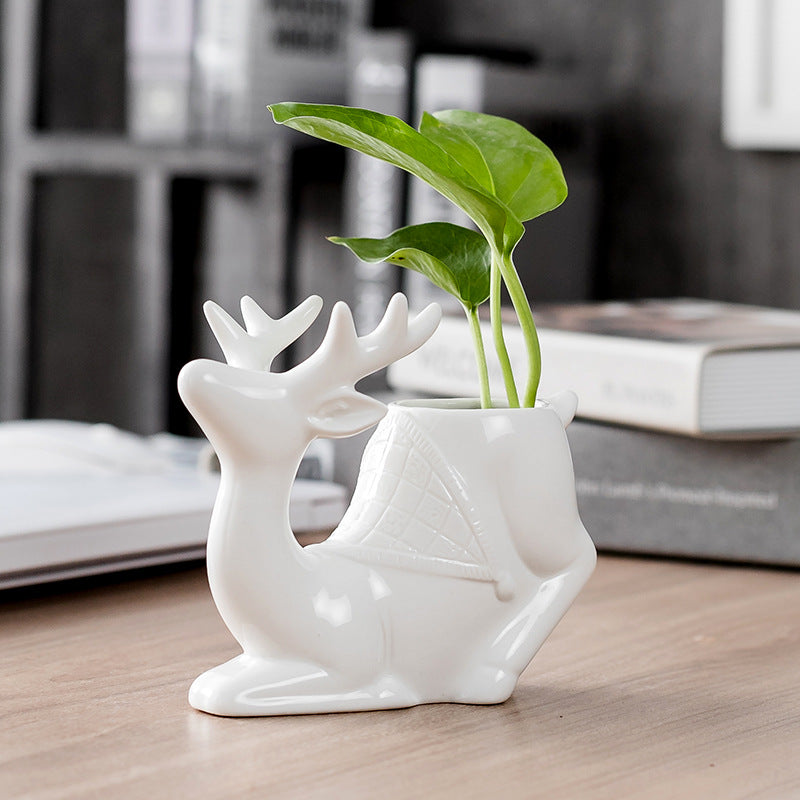 White Deer Hydroponic Plant Pots Animal Planters Home Office Decor