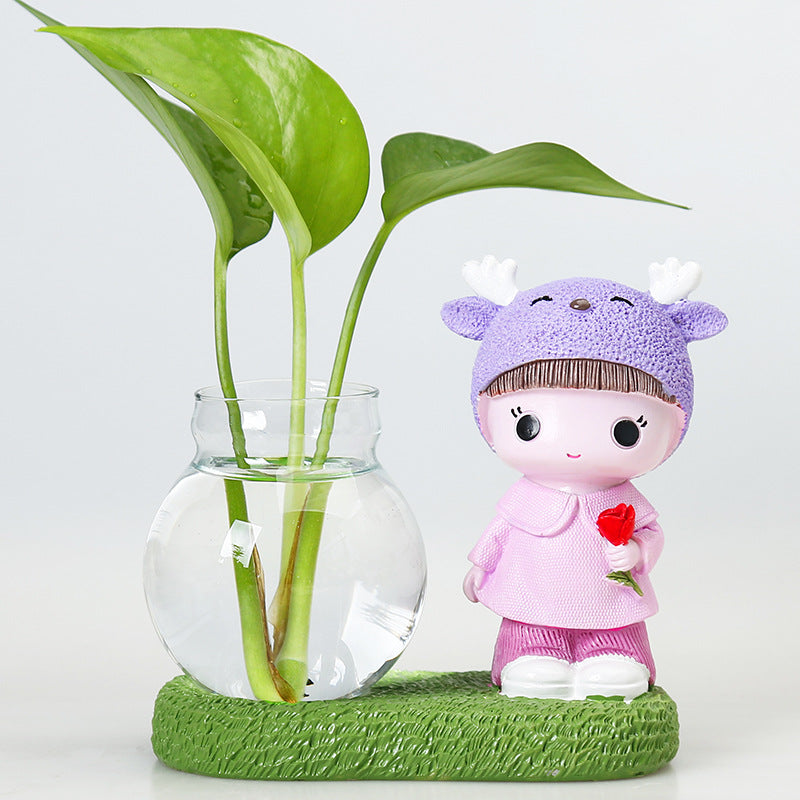 Resin Deer Figurine Girl Terrarium Pot Hydroponic Plants Hydrocotyle