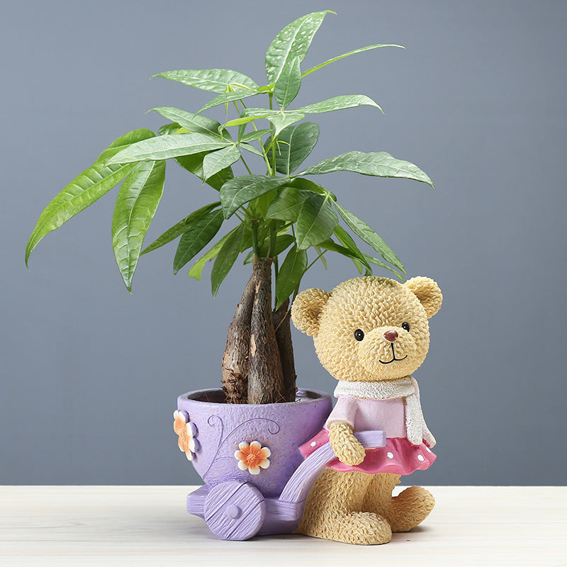 Female Bear With Cart Mini Resin Plant Pots Lovely Indoor Planters Creative Decor