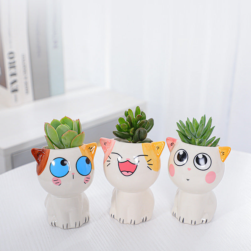 White Mini Cute Kitten Glazed Plant Pot , Model 2