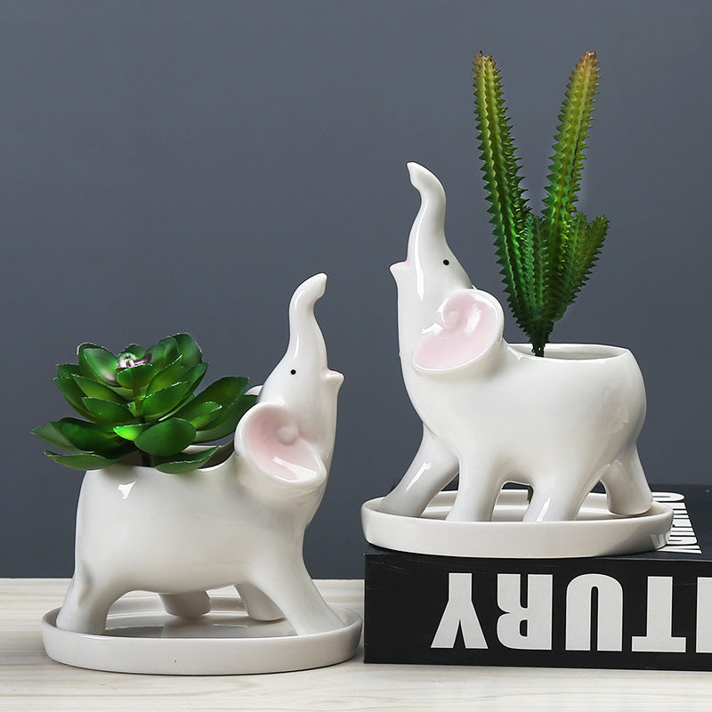 White Elephant Plant Pot WIth Tray Creative Succulent Planter Home Office Decor