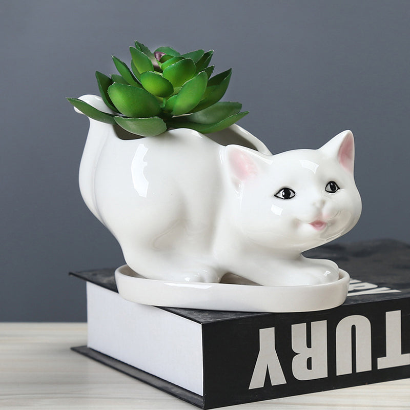 White Mother Kitten Plant Pot Lovely Creative Animal Planter Home Decor