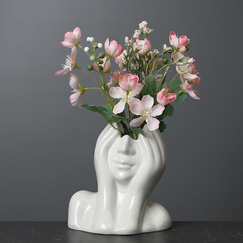 White Bashful Maiden Vase Artistic Face Ceramic Flower Vase