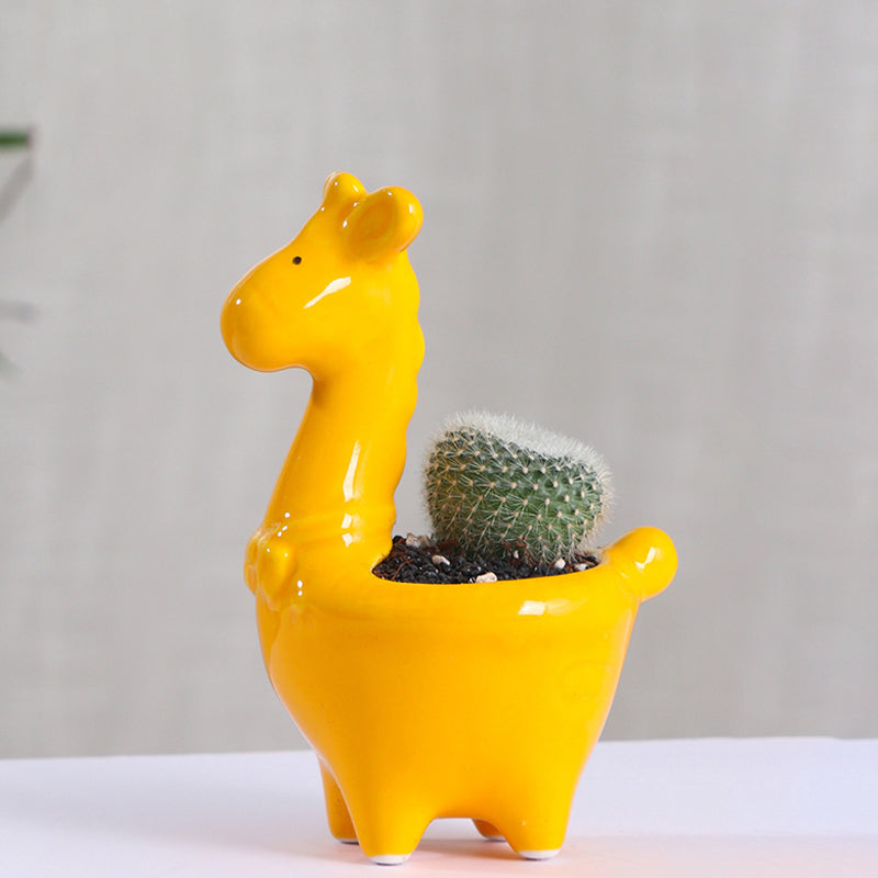 Lovely Yellow Giraffe Plant Pot Creative Animal Planter Indoor Flowerpot