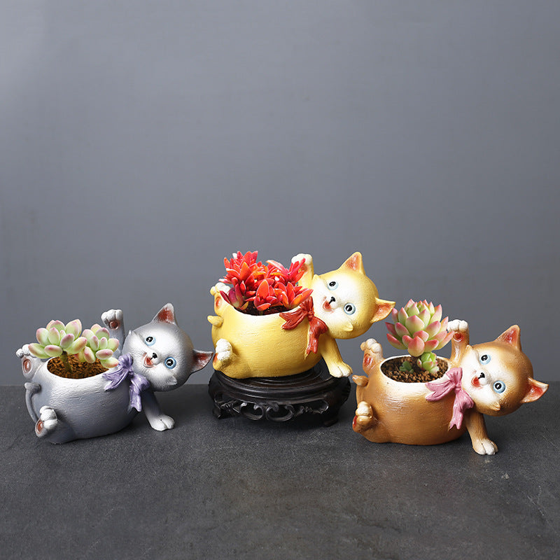 Resin Brown Cat Plant Pots Mini Decorative Succulent Planters