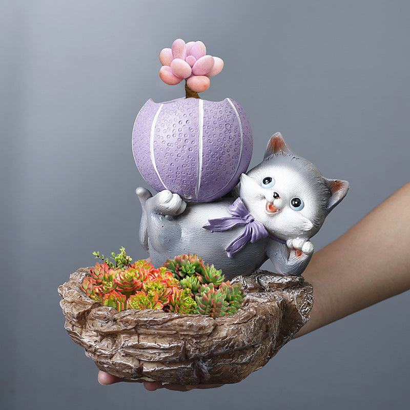 Grey Cat Lifting Purple Basketball Resin Plant Pots Creative Planters Home Decor