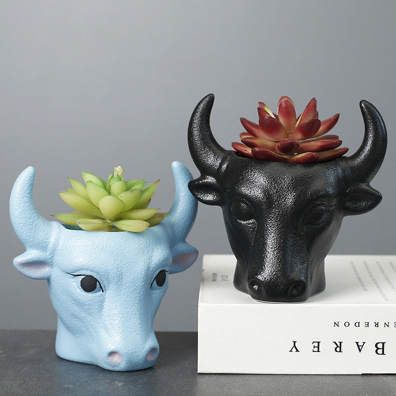 Blue Bull Plant Pot Ornament Indoor Planter Home Garden Decor