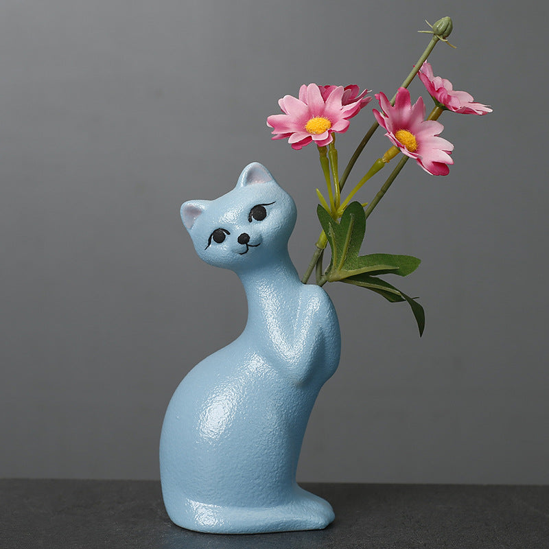 Blue Kitten Ceramic Vase Lovely Creative Flower Vase Home Decor