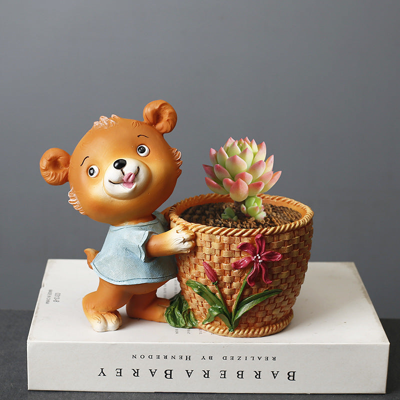 Blue Clothes Brown Bear With Basket Resin Plant Pots Indoor Planters Creative Decor