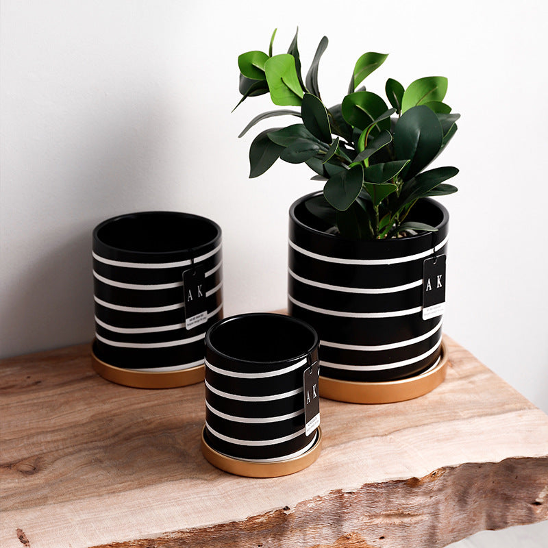 Black White Stripes Cylinder Plant Pots Indoor Flowerpots Planters