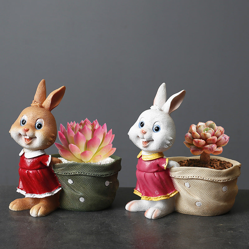 Rosy Clothes Bunny With Bag Mini Resin Plant Pot Indoor Planter Creative Decor