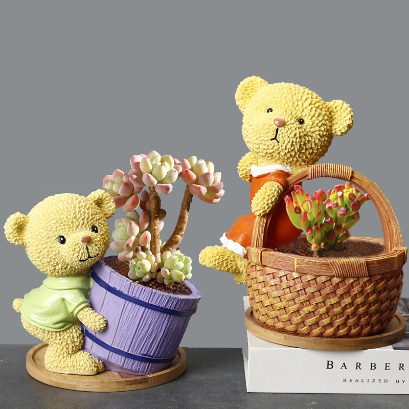 Orange Clothes Bear Brown Basket Mini Resin Plant Pot With Bamboo Holder