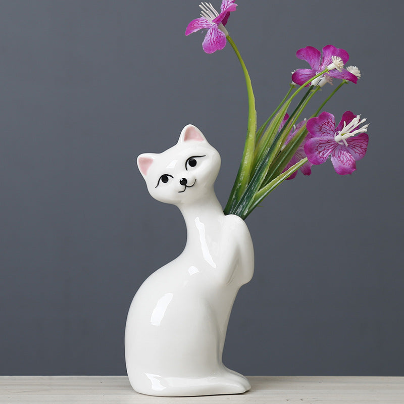 White Kitten Ceramic Vase Lovely Creative Flower Vase Home Decor