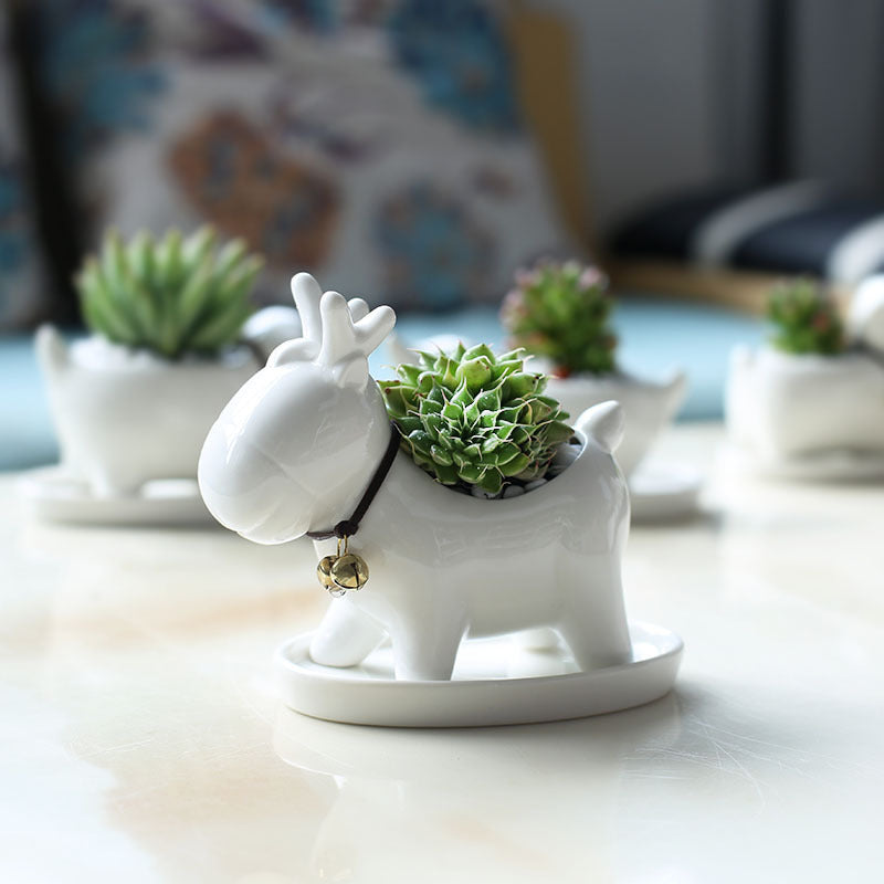 White Deer Glazed Plant Pot Mini Succulent Indoor Planter Home Decor Gifts