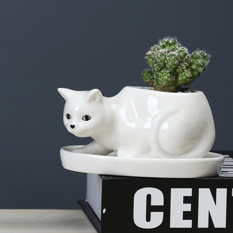 Super Cute White Kitten Plant Pot Creative Indoor Succulent Planter With Tray