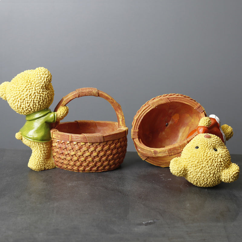 Green Clothes Bear Brown Basket Mini Resin Plant Pot With Bamboo Holder