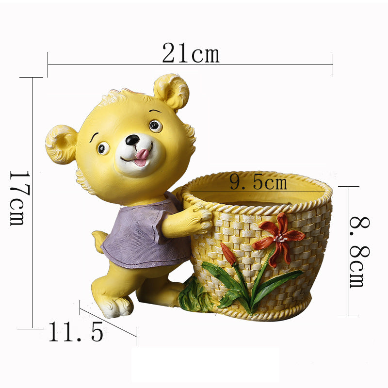 Purple Clothes Yellow Bear With Basket Resin Plant Pots Indoor Planters Creative Decor