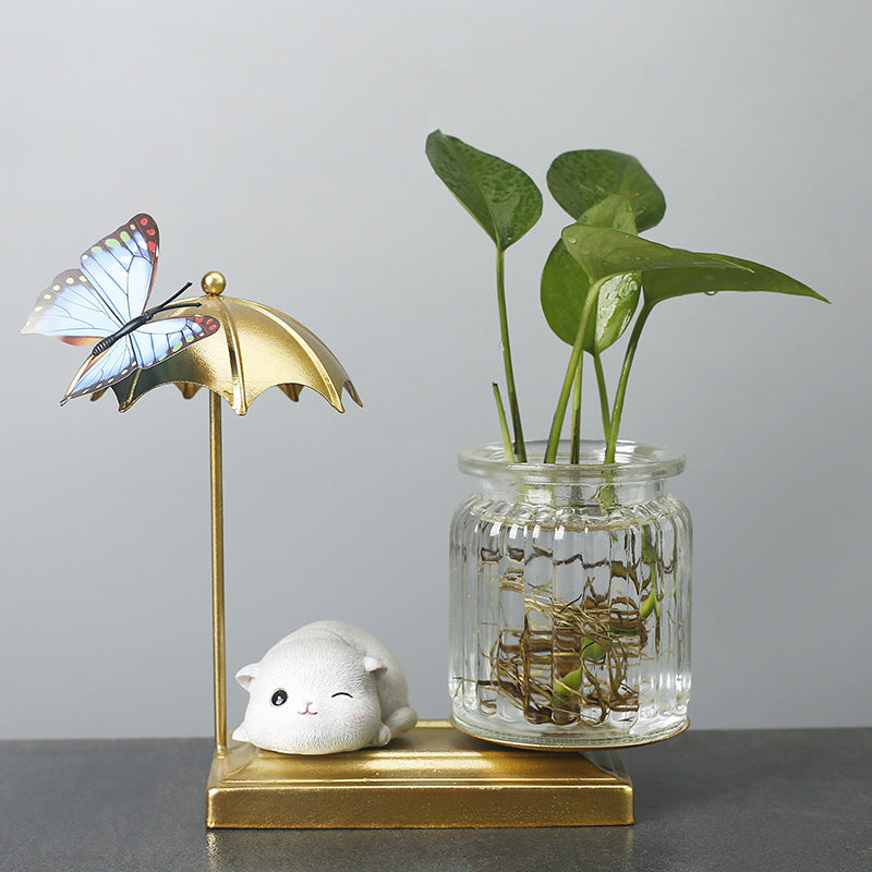 Gold-Plated Umbrella With Cat Wrought Iron Terrarium Pot Hydroponic Plant Pots