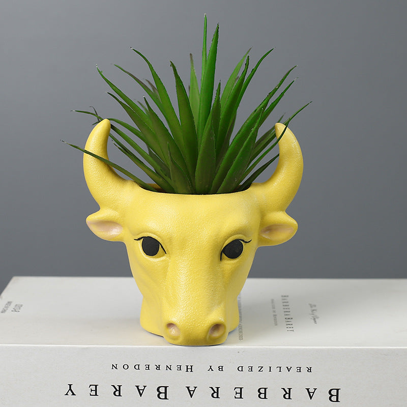 Yellow Bull Plant Pot Ornament Indoor Planter Home Garden Decor