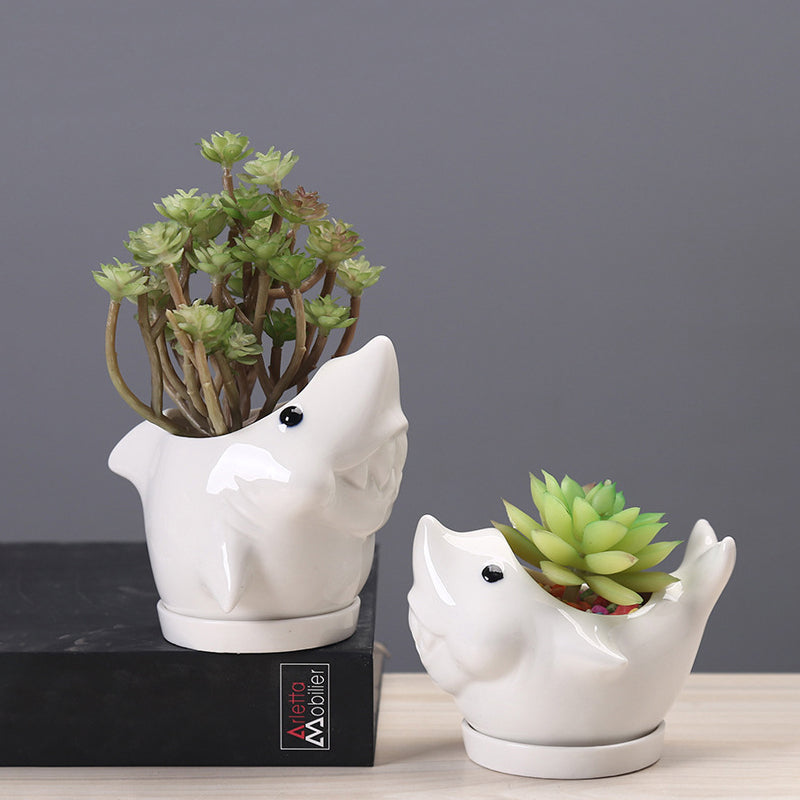 White Dolphin With Tray Creative Animal Indoor Planter, Model 1