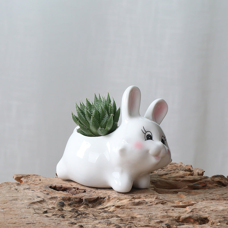 Lovely White Rabbit Plant Pot Indoor Succulent Planter Home Office Decor