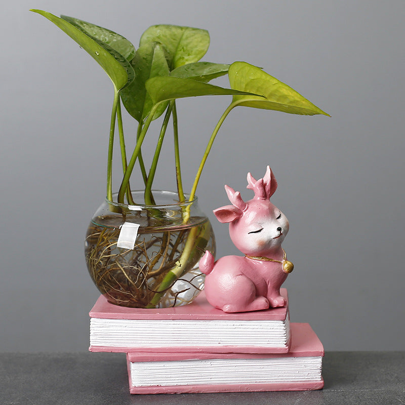 Pink Resin Deer Terrarium Pot Hydroponic Plants Office Home Decor