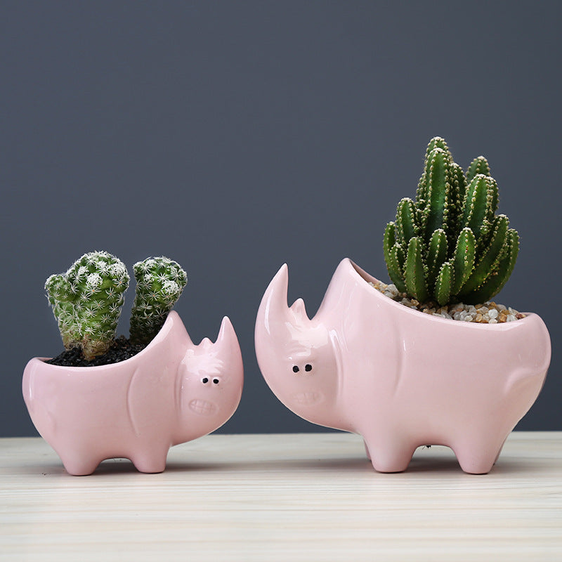 Pink Rhinoceros Plant Pot Modern Creative Succulent Planter